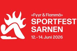 Weiße Grafik eines stilisierten Läufers mit Flammen auf rotem Hintergrund. Der Text lautet: "Fyy & Flammä" SPORTFEST SARNEN 12.-14. Juni 2026.