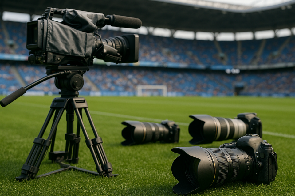 Eine professionelle Videokamera auf einem Stativ und drei DSLR-Kameras mit Teleobjektiven liegen auf dem Rasen am Rande eines Fußballstadions, mit leeren blauen Sitzen und einem Tor im Hintergrund.