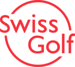 Der rote Text "Swiss Golf" ist von einem roten, unvollständigen kreisförmigen Umriss auf weißem Hintergrund umgeben.