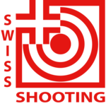 Rotes Logo mit einem Zielsymbol und einem Kreuz, mit dem Wort SWISS vertikal auf der linken Seite und SHOOTING horizontal am unteren Rand.