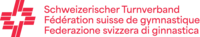 Logo mit rotem Webmuster neben dem Text "Schweizerischer Turnverband, Fédération suisse de gymnastique, Federazione svizzera di ginnastica" in Deutsch, Französisch und Italienisch auf hellem Grund.