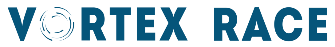 Blaues Textlogo mit der Aufschrift VORTEX RACE und dem Buchstaben O in VORTEX, stilisiert als wirbelndes Wirbelmuster.