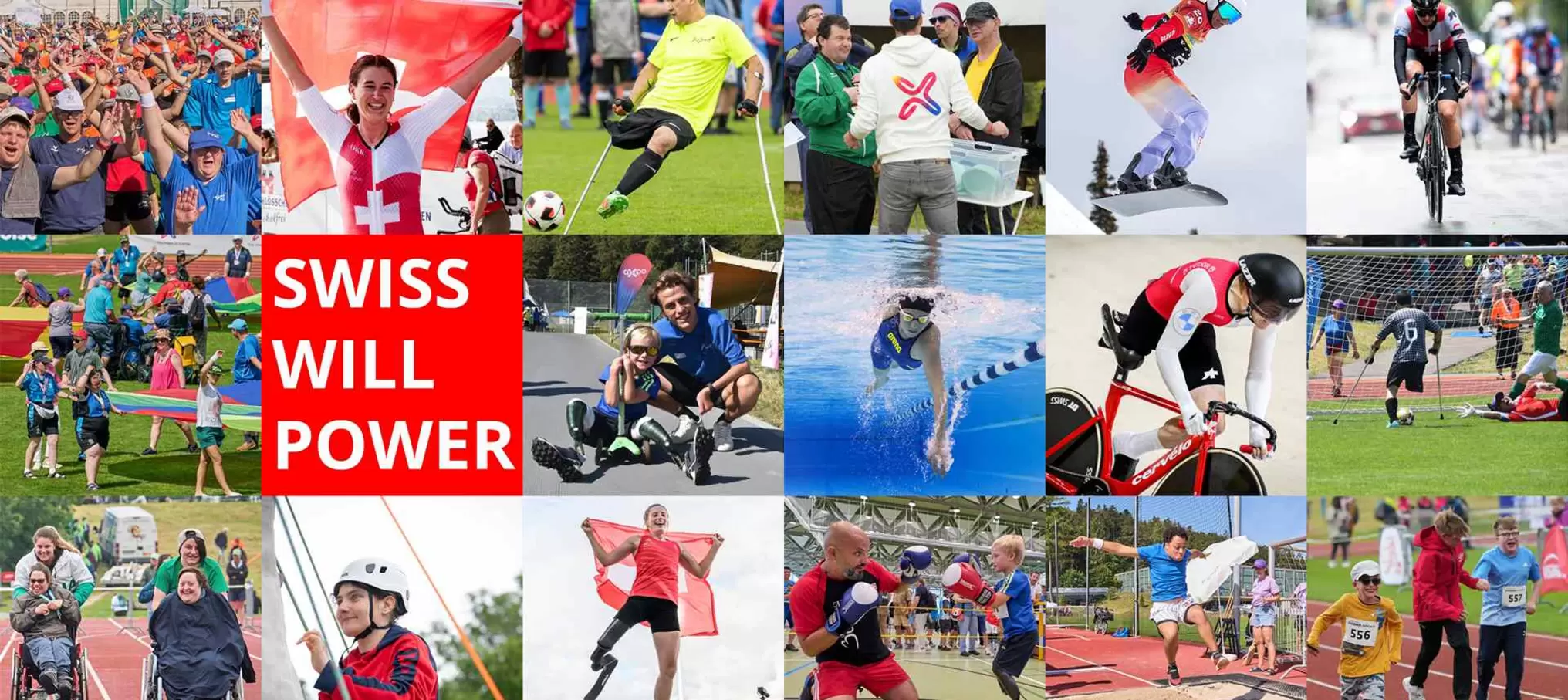 Collage von Schweizer Athleten in verschiedenen Sportarten, darunter Radfahren, Schwimmen, Skifahren, Fußball und Laufen, mit einem Banner mit der Aufschrift "SWISS WILL POWER" in fetten weißen Buchstaben auf rotem Hintergrund in der Mitte.