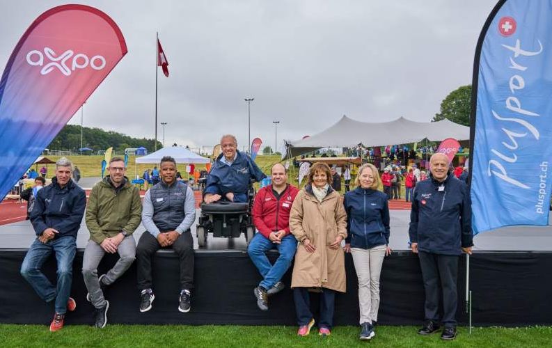 [Translate to Francais:] CEO Christof Baer, Markus Wolf (Ex. Swiss Ski CEO, Kandidat Präsidium Swiss Olympic), Sergei Aschwanden (Olympia Bronzemedaillengewinner Judo, Kandidat Präsidium Swiss Olympic), Christian Lohr (Nationalrat, Ehrenpräsident PluSport, Kandidat für den Exekutivrat Swiss Olympic), Julien Cristinel (Gesamtwettkampfleiter ETF), Ruth Metzler-Arnold (Alt-Bundesrätin, Kandidatin Präsidium Swiss Olympic), Henriette Wendt (COO Axpo) und Markus Gerber (Präsident PluSport)