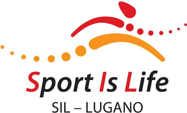 Logo für Sport Is Life SIL - LUGANO mit einer stilisierten Figur in Rot und Orange, gebildet aus Bögen und Punkten, die dynamische Bewegung suggerieren, über dem Text auf weißem Hintergrund.