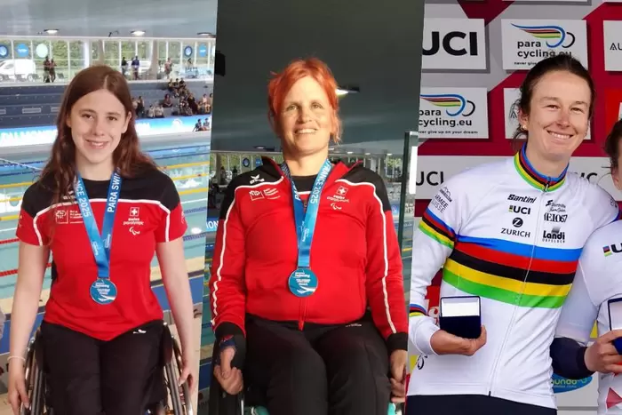 Drei Sportlerinnen in roter Sportkleidung posieren mit Medaillen. Eine sitzt im Rollstuhl neben einem Hallenbad, eine andere ist mit Sportbannern im Haus und die dritte steht mit ihrer Medaille vor der Kulisse eines Paracycling-Events der UCI.