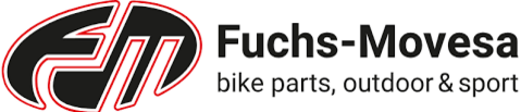 Fuchs-Movesa-Logo mit stilisierten roten und schwarzen FM-Initialen und dem Text Fuchs-Movesa bike parts, outdoor & sport rechts neben den Initialen.