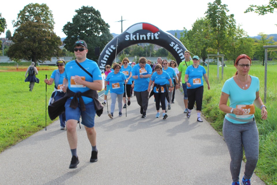 Eine Gruppe von Menschen in blauen Hemden nimmt an einem Wettlauf oder Walkathon teil und bewegt sich auf einem gepflasterten Weg unter einem Bogen aus schwarzem Fell in einem Park mit grünem Gras und Bäumen.