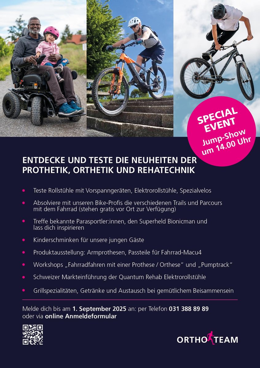 Ein Werbeplakat für eine Veranstaltung zur Präsentation von Orthesen- und Prothesentechnologie mit Fotos von Kindern, die adaptive Fahrräder und Gehhilfen benutzen, Veranstaltungsdetails, einem rosa Special Event-Abzeichen und dem Orthoteam-Logo.