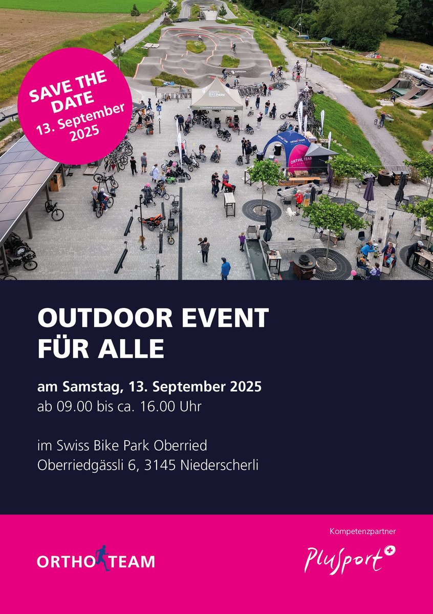 Ein farbenfroher Flyer für eine Outdoor-Veranstaltung im Swiss Bike Park Oberried, mit Menschen, die sich um Zelte und Fahrräder scharen. Auf der unteren Hälfte sind Veranstaltungsdetails und das Datum (13. September 2025) in deutscher Sprache angegeben.
