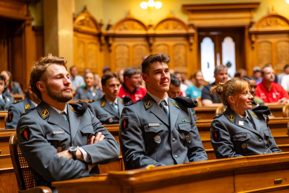 Mehrere Personen in Militäruniformen sitzen aufmerksam auf Holzbänken in einem verzierten Raum mit geschnitzter Vertäfelung und gewölbten Türöffnungen, während in den Reihen hinter ihnen ein Publikum sitzt.