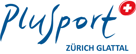 Logo für PluSport Zürich Glattal mit blauem Text und rotem Oval mit weissem Kreuz in der oberen rechten Ecke.