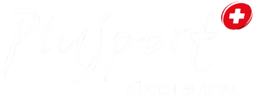 Logo von Plusport Zürich Glattal, mit dem Namen der Organisation in stilisierter weißer Schrift auf schwarzem Hintergrund mit einem roten Kreis und einem weißen Kreuzsymbol in der oberen rechten Ecke.
