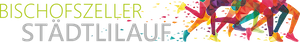 Logo für den Bischofszeller Stadtlauf, mit dem Veranstaltungsnamen in grüner und grauer Schrift auf weißem Hintergrund und bunten, abstrakten Lauffiguren auf der rechten Seite.