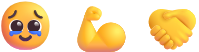 Ein lächelndes Gesicht mit Tränen in den Augen, ein Bizeps-Emoji und ein Händedruck-Emoji, das Dankbarkeit, Stärke und Einigkeit ausdrückt.