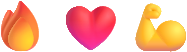 Drei Emojis: eine orangefarbene Flamme, ein rosafarbenes Herz und ein gelber gebeugter Bizeps, die für Feuer, Liebe und Stärke stehen.