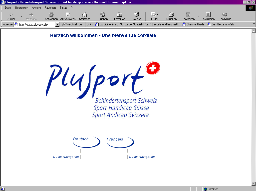 Screenshot einer Website mit dem Namen Plusport, mit einer Willkommensnachricht in Deutsch und Französisch, einem Logo mit einem roten Kreuz und Optionen zur Navigation in Deutsch oder Französisch, angezeigt in einem alten Internet Explorer-Browserfenster.