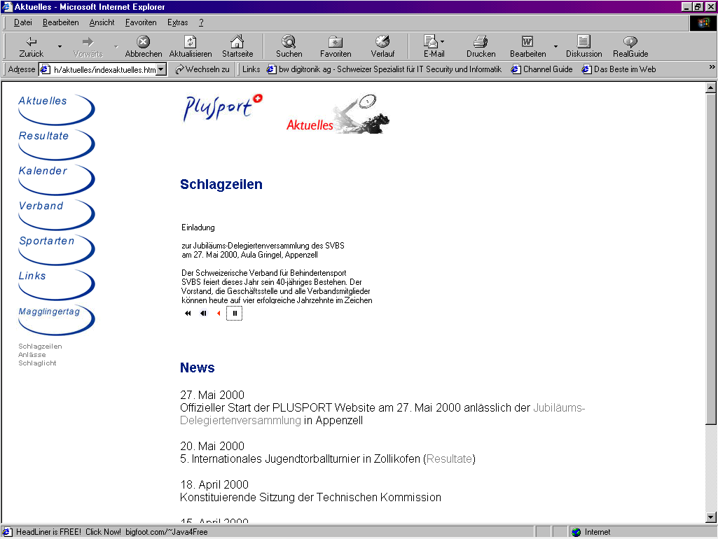 Screenshot einer deutschen Sport-Website im Internet Explorer mit einem lilafarbenen Menü auf der linken Seite, Schlagzeilen und Daten in der Mitte und Navigationssymbolen am oberen Rand. Das plusport-Logo ist oben auf der Seite zu sehen.
