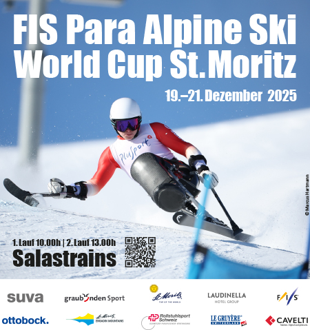 Ein Sitzskifahrer fährt bei verschneiten Bedingungen bergab. Großer Text: FIS Para Alpine Ski World Cup St. Moritz, 19.-21. Dezember 2025. Veranstaltungsdetails, Logos und Sponsoren erscheinen am unteren Rand.