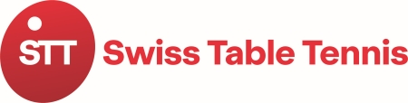 Das Logo von Swiss Table Tennis zeigt einen roten Tischtennisball mit den weissen Buchstaben STT auf der linken Seite und dem Schriftzug Swiss Table Tennis in Rot auf der rechten Seite.