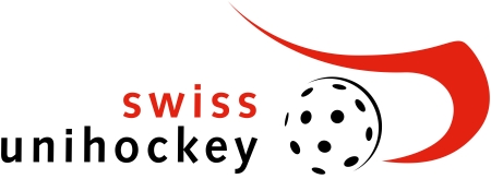 Logo von Swiss Unihockey mit einer stilisierten roten geschwungenen Form, einem schwarz-weissen Unihockey und dem Schriftzug swiss unihockey in schwarzen und roten Kleinbuchstaben.